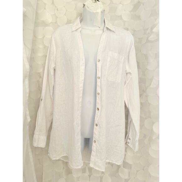 Sigrid Olsen Women's White 100% Linen Button Down VNeck Collar Blouse Shirt Sz S - Picture 2 of 8